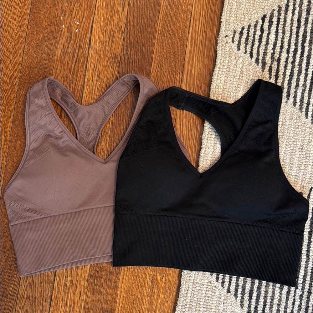 PINK Victoria's Secret Black and Mauve Sports Bras Seamless Racerback Design